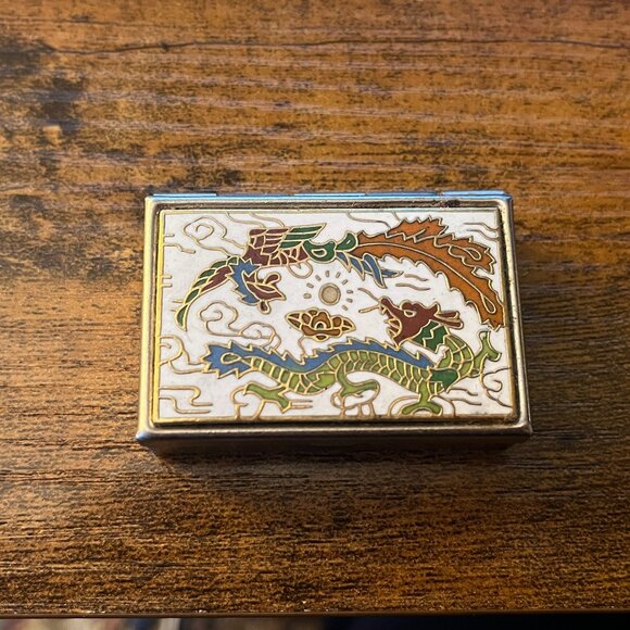 Silver Trinket Box with Dragon Etching with Gold Border - Picture 1 of 3